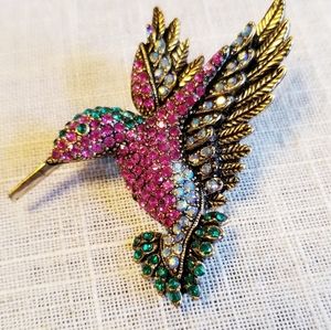 Multi Crystal Antique Goldtone Hummingbird  Brooch